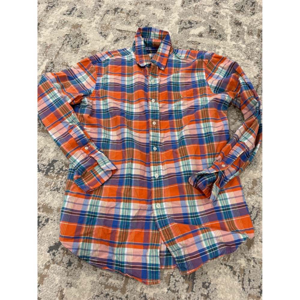 Polo Ralph Lauren Mens Orange Blue Plaid Button Down Shirt Size Medium